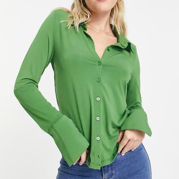 Abercrombie & Fitch Soft A&F Slinky Slim Jersey Button Down Shirt Green Size XS - Picture 1 of 8